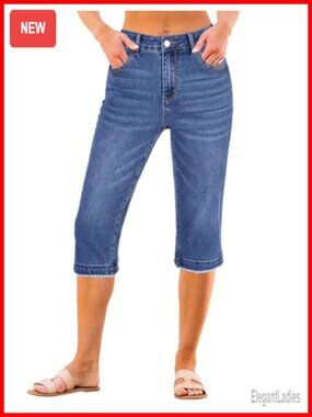 Mid Rise Distressed Raw Hem Capri Jeans Stretchy Denim Relaxed Fit